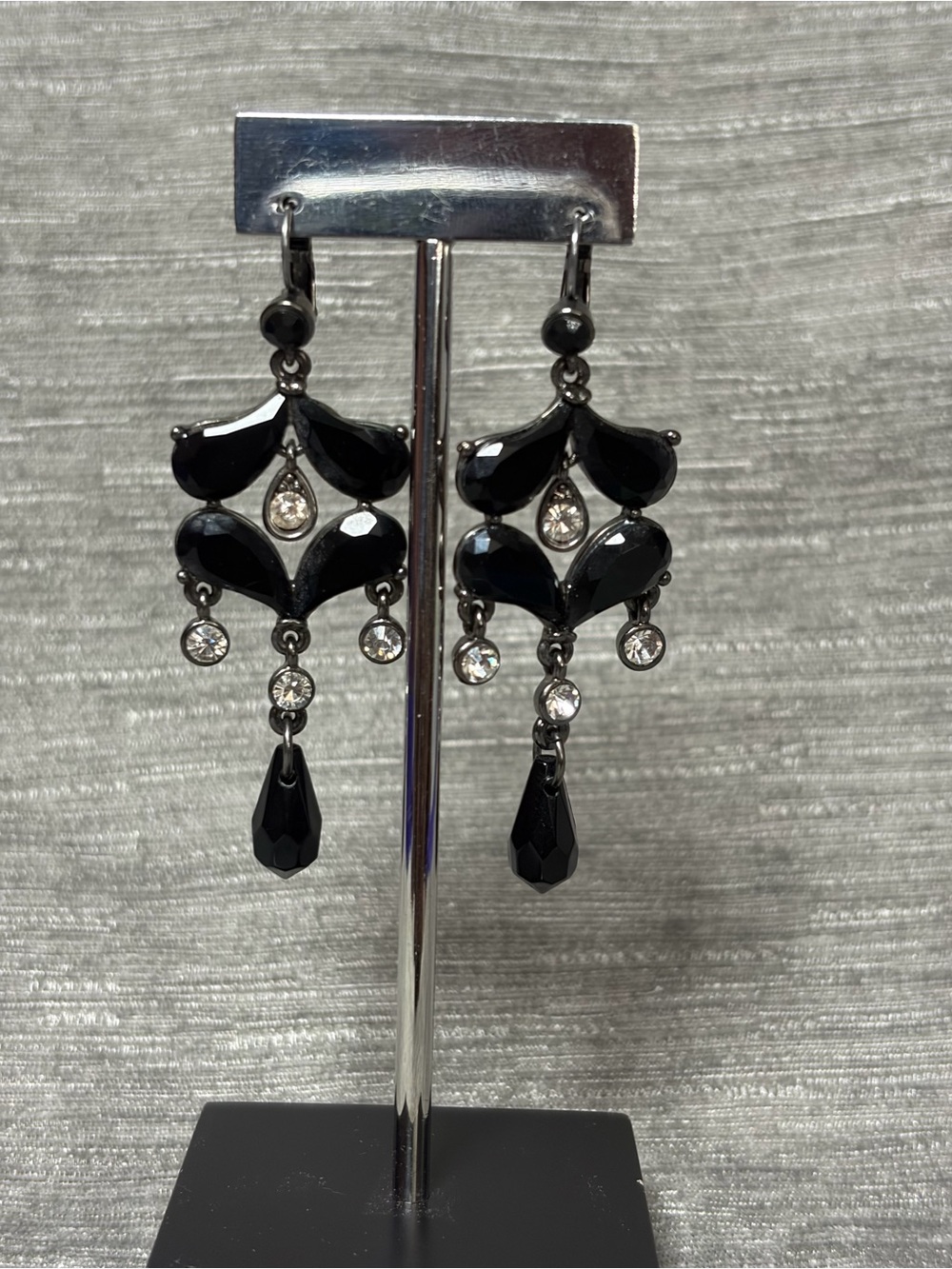Black Faceted Glass Chandelier Dangle Drop Earrings Art Deco Style Statement